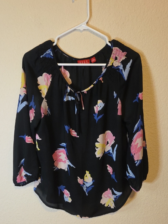 Elle Tops - Elle Black Floral Peasant Blouse with Pink, Yellow & Blue Accents